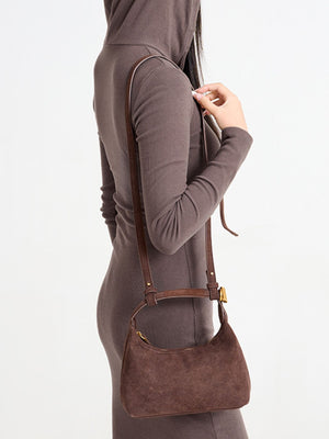 Minimalist Suede Crossbody Bag With Top Handle in Brown with top handle