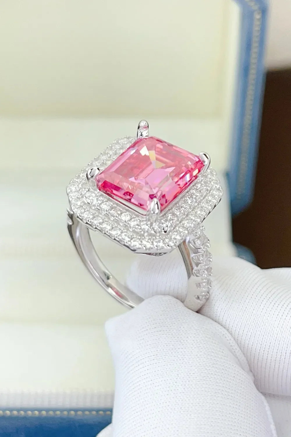 Hot Pink Emerald Cut Halo Ring with pave diamond band