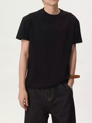 Black cotton spandex casual tee with round neck and short sleeves.