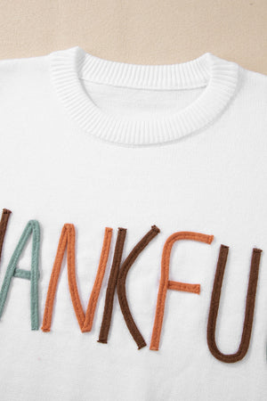 White knit sweater with embroidered "Thankful" text in multi-color yarn.