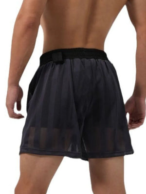 Dark Gray performance mesh training shorts with vertical stripe pattern and elastic waistband.