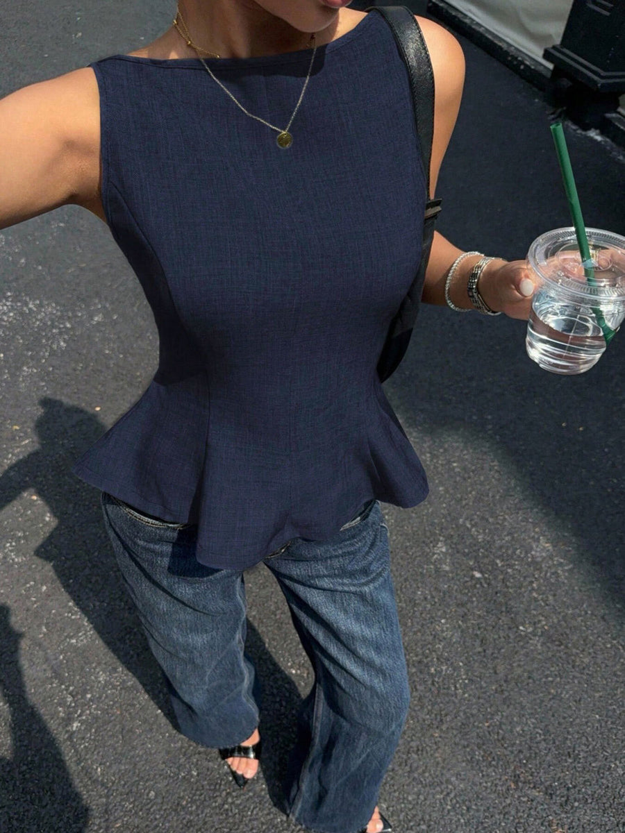 Navy Blue peplum top with peplum and sleeveless