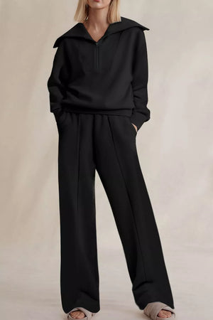 athleisure sweatshirt and sweatpants set in black with collared