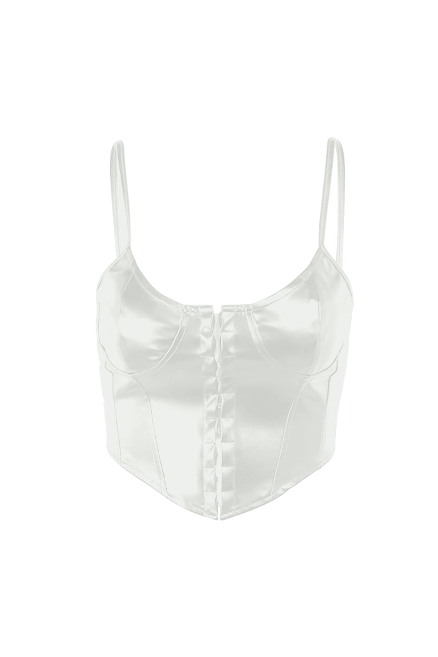 White faux leather corset cami top with button front detail and adjustable straps.