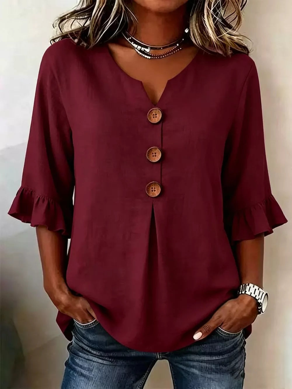 Khaki Casual Ruffle-sleeve Decor-button Top Plus Size