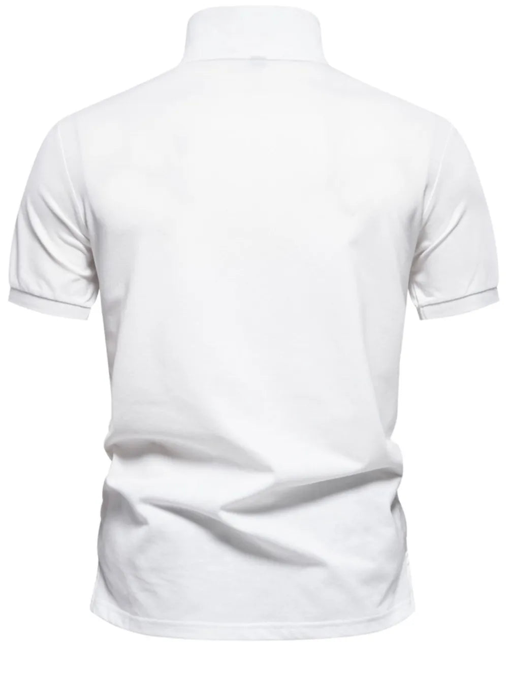 White polo shirt with short sleeves and a subtle grey trim on the cuffs.