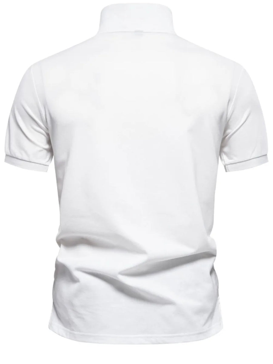White polo shirt with short sleeves and a subtle grey trim on the cuffs.