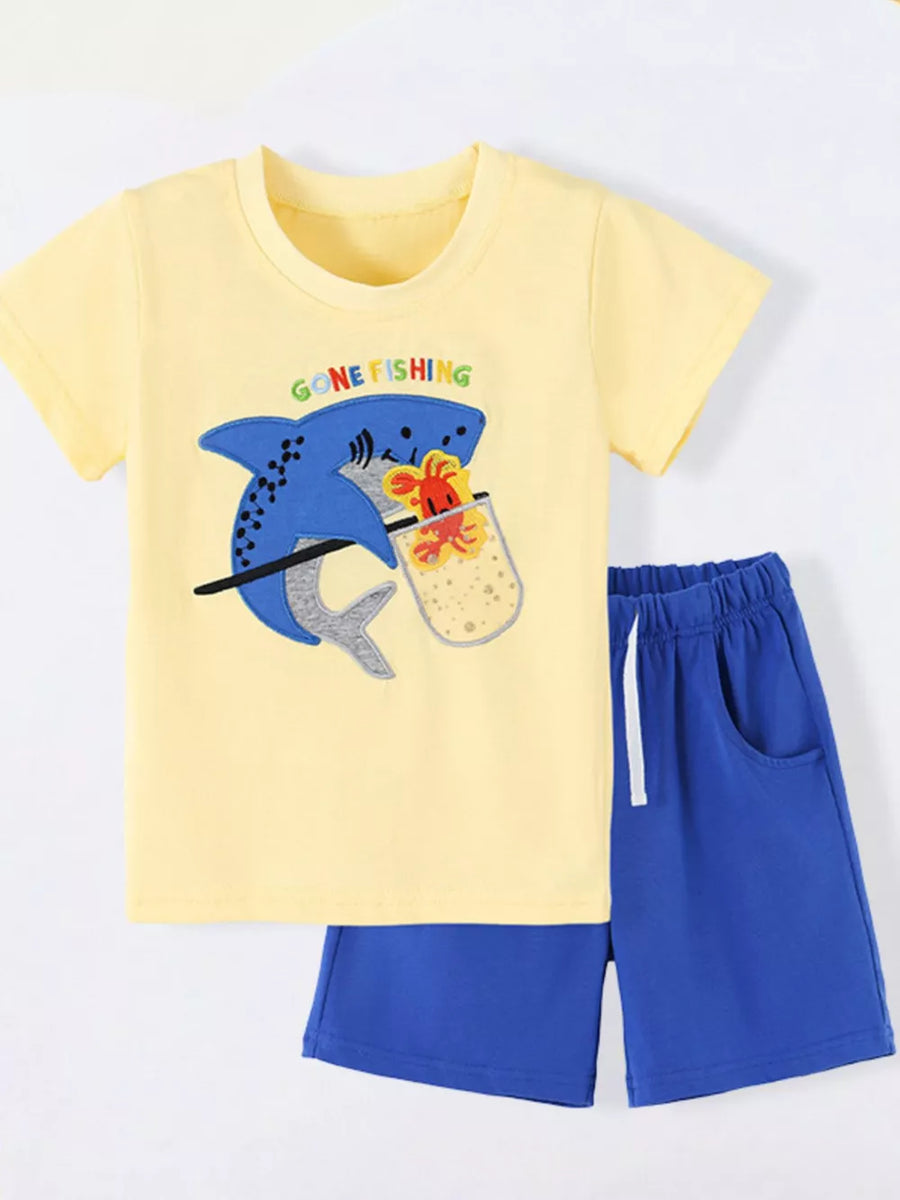 Children's Shark Embroidered Round Neck Tee And Shorts Set in this colorway