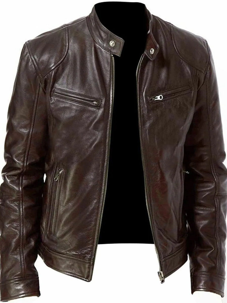 Men's Full Size Leather Biker Jacket in Brown