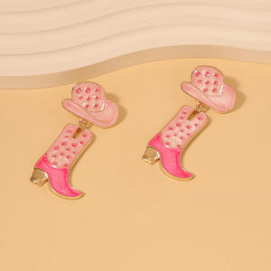 Pink cowboy boot and hat dangle earrings with gold accents