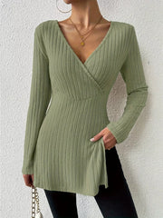 wrap top in sage green featuring slit and fitted fit