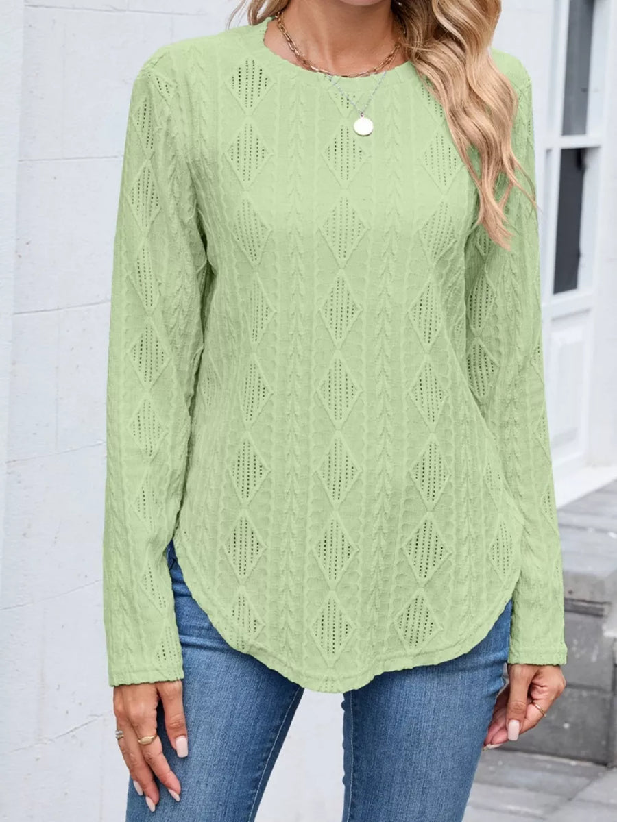 Textured Diamond Knit Long Sleeve T-shirt in Navy Blue