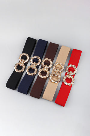 Braided stretch belts in black, dark blue, chocolate, tan, and red with gold alloy buckle detail.