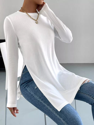 White with Long Sleeve Side Slit T-shirt in White