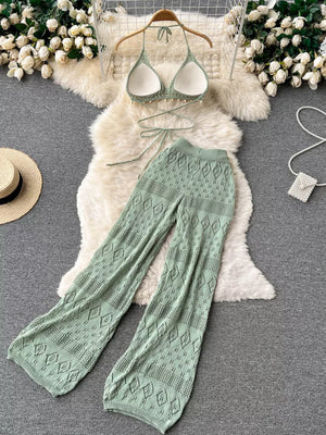 Green crochet halter bikini top and wide-leg pants set with diamond pattern