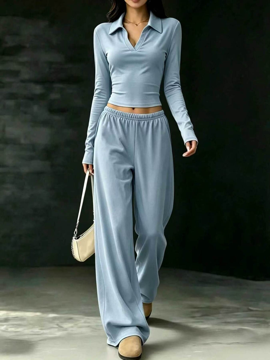 Long-Sleeve Polo Top And Wide-Leg Pants Set in Sky Blue with long sleeve