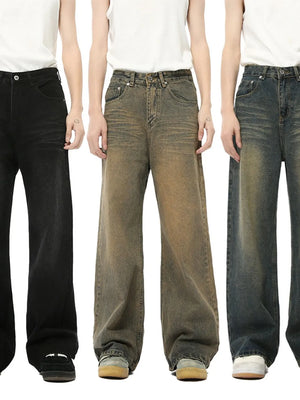 Whiskered denim straight leg jeans in black, taupe, and French blue.
