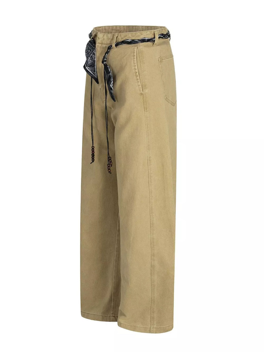 Belted wide-leg maternity pants in card color with black bandana detail and beaded drawstring.