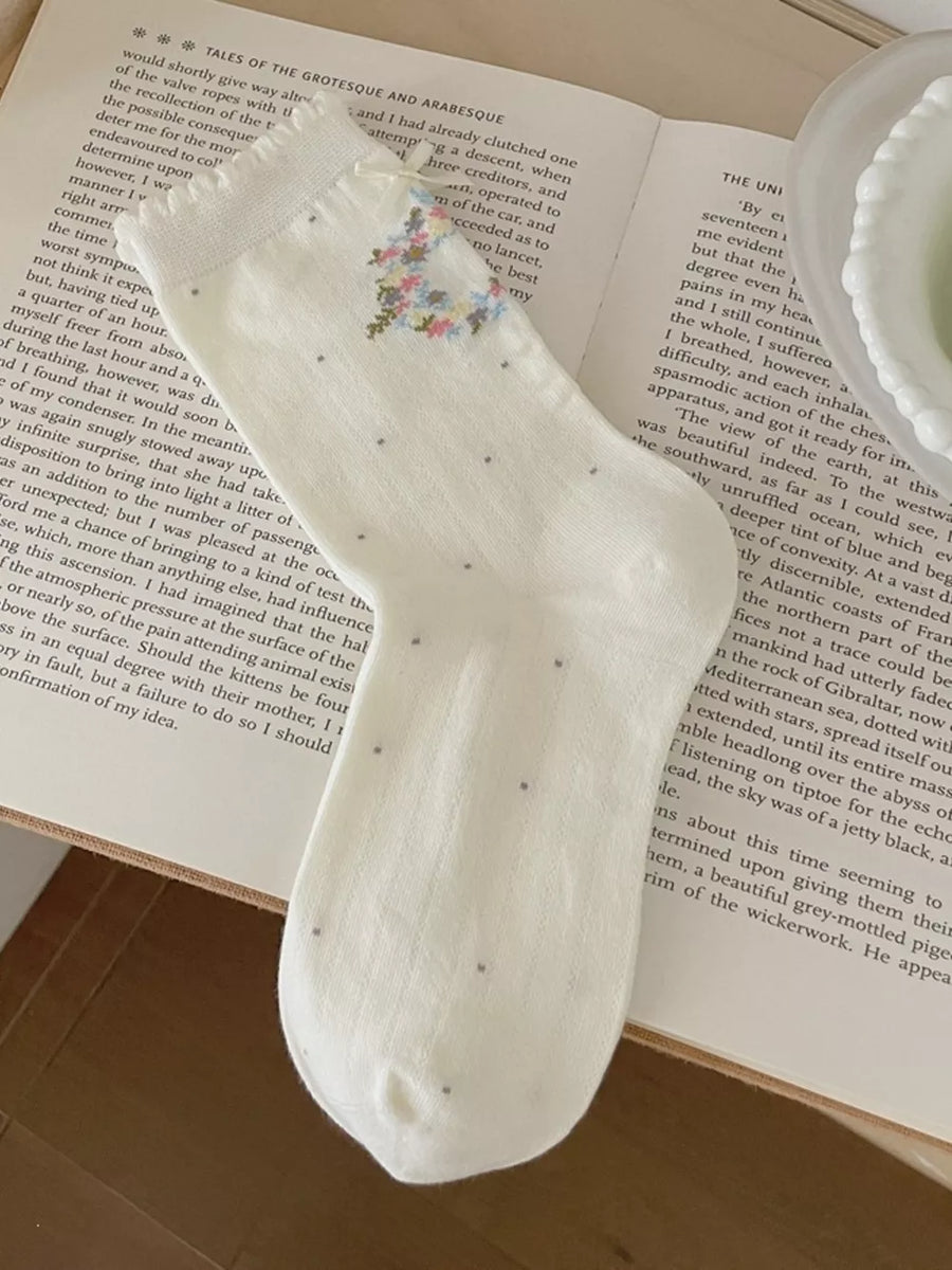 socks in White with polka dot and ribbed knit