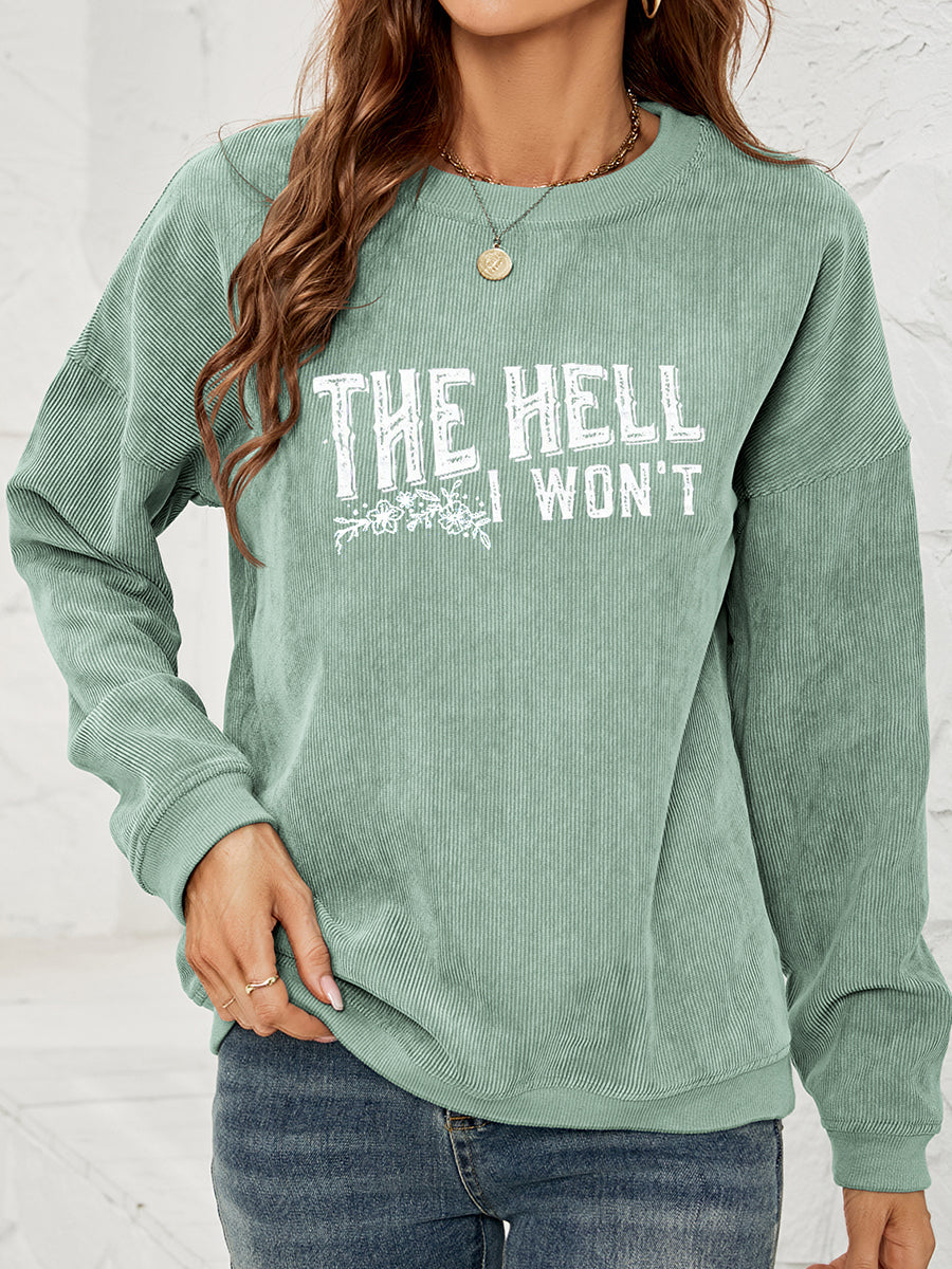 Textured corduroy crewneck sweatshirt in Gum Leaf with white graphic text and floral detail.