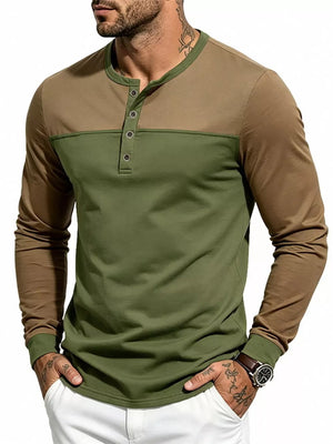 olive green henley featuring color-block and color-block