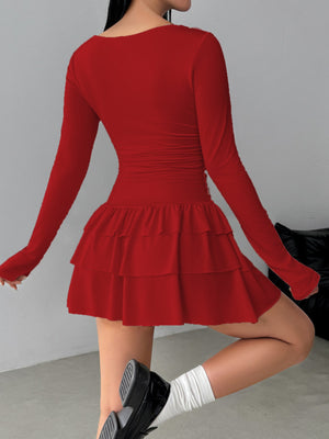 Pink mini dress with ruffled and long sleeve