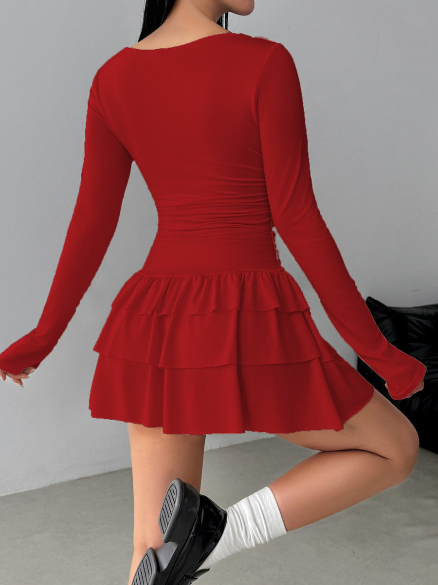 Pink mini dress with ruffled and long sleeve