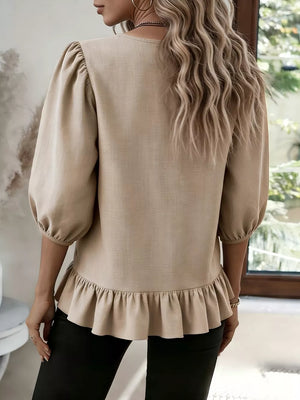 Casual Puff Sleeve Ruffle Hem Blouse in Khaki