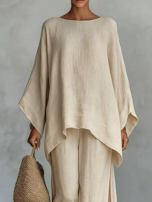 Khaki Full Size Round Neck Top And Wide Leg Pants Set