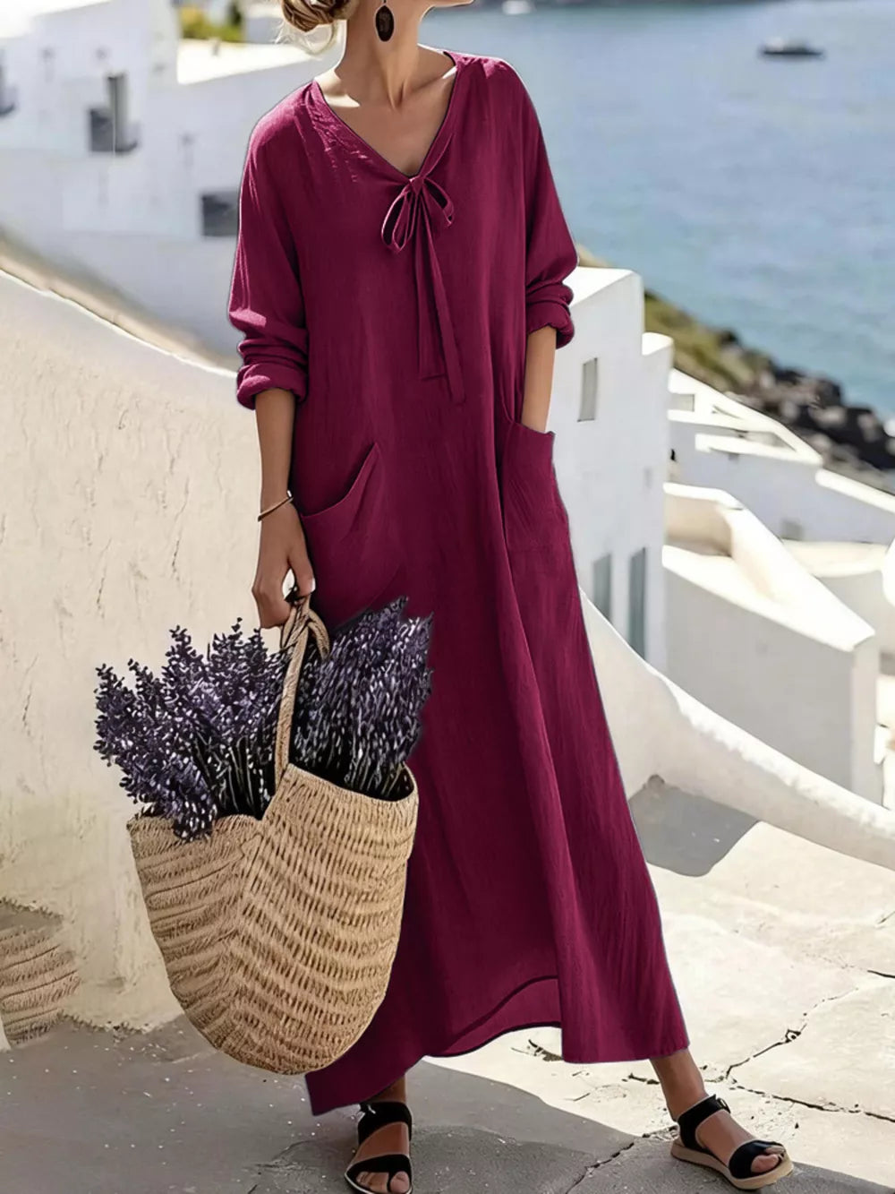 slate gray maxi dress with tied and long sleeve