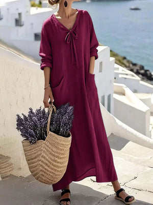 slate gray maxi dress with tied and long sleeve