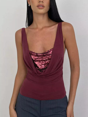Burgundy sequin ruched cowl neck tank top with a draped overlay.
