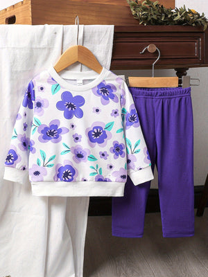 Baby floral print top and purple ribbed pants set