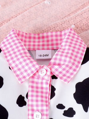 Baby cow print top with pink gingham collar and button front