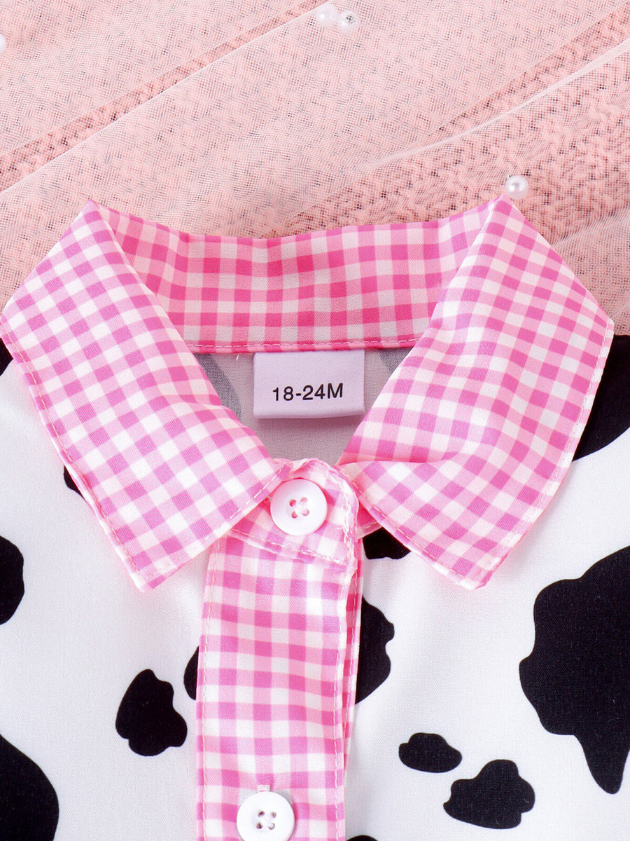 Baby cow print top with pink gingham collar and button front
