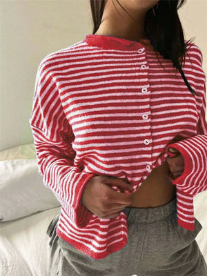 Black Striped Knit Button Up Cardigan