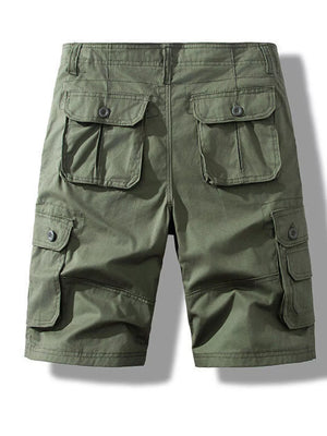 Army green men's cargo shorts with multiple button-flap pockets and button fly.