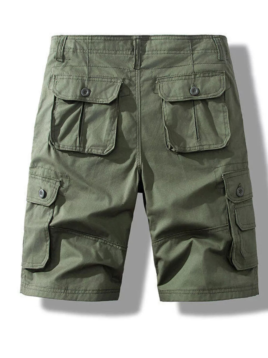 Army green men's cargo shorts with multiple button-flap pockets and button fly.
