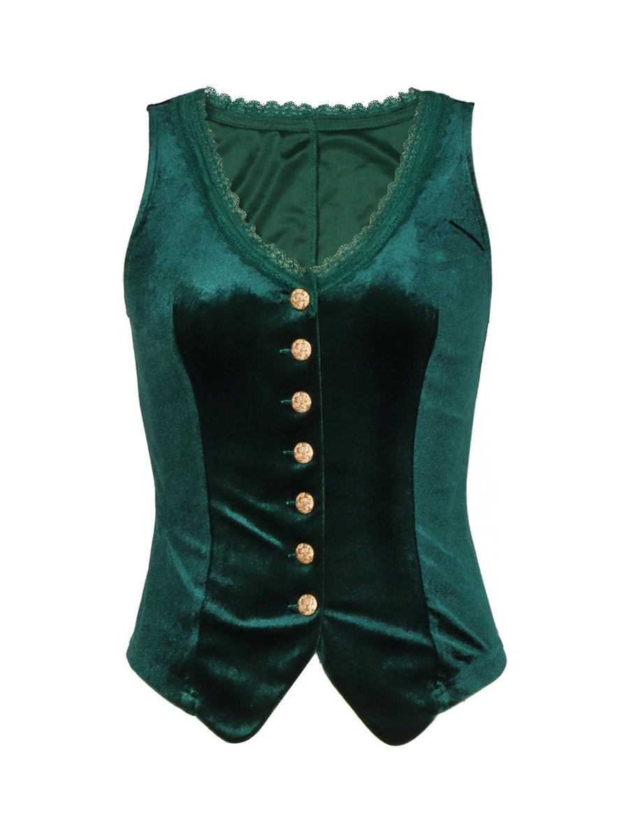 Green velvet button-down vest with lace trim and gold buttons