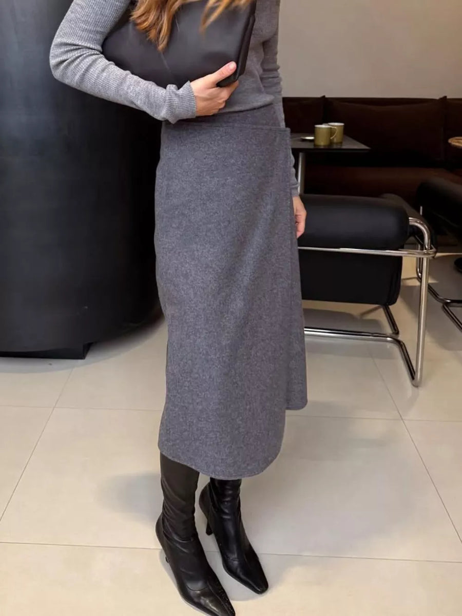 slate gray wrap skirt with slit and not applicable