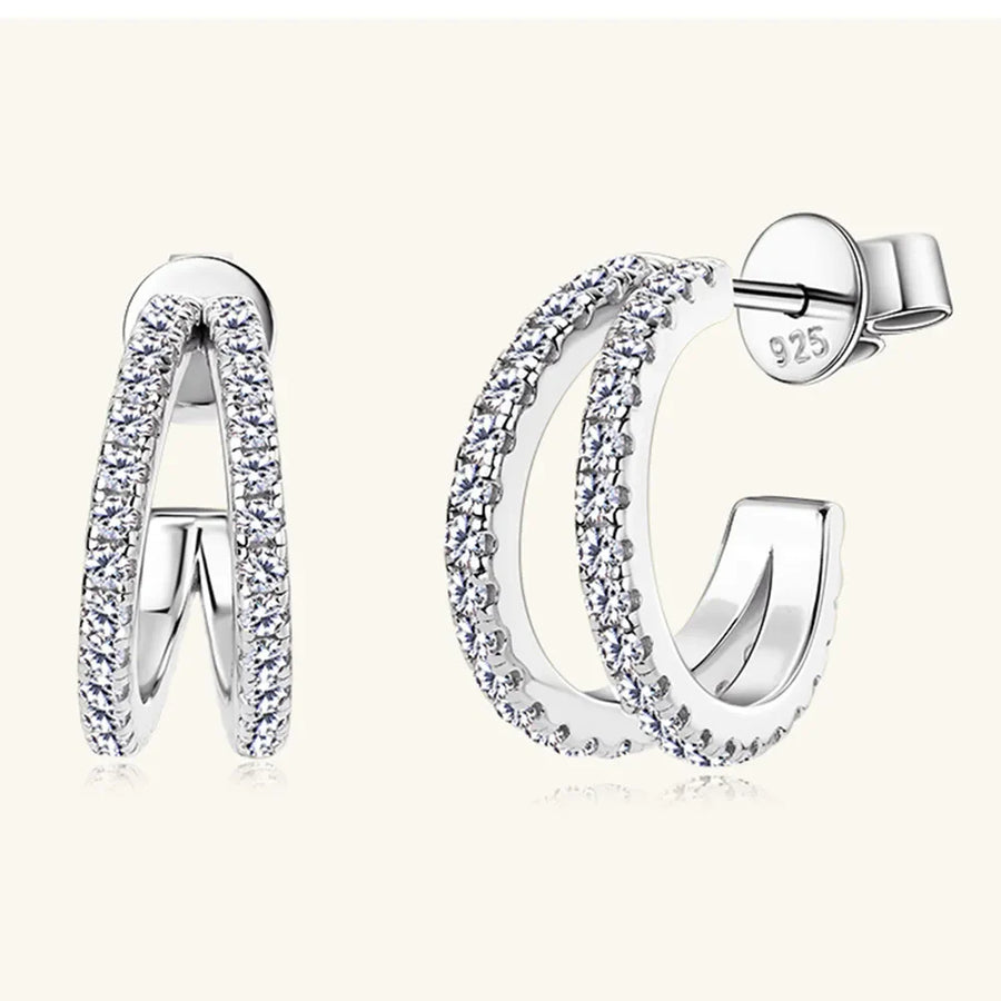 Silver double-band hoop earrings with moissanite stones and 925 stamp
