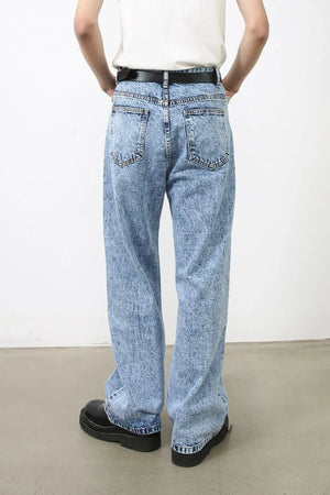 Acid wash wide-leg jeans in medium blue denim with a relaxed fit.