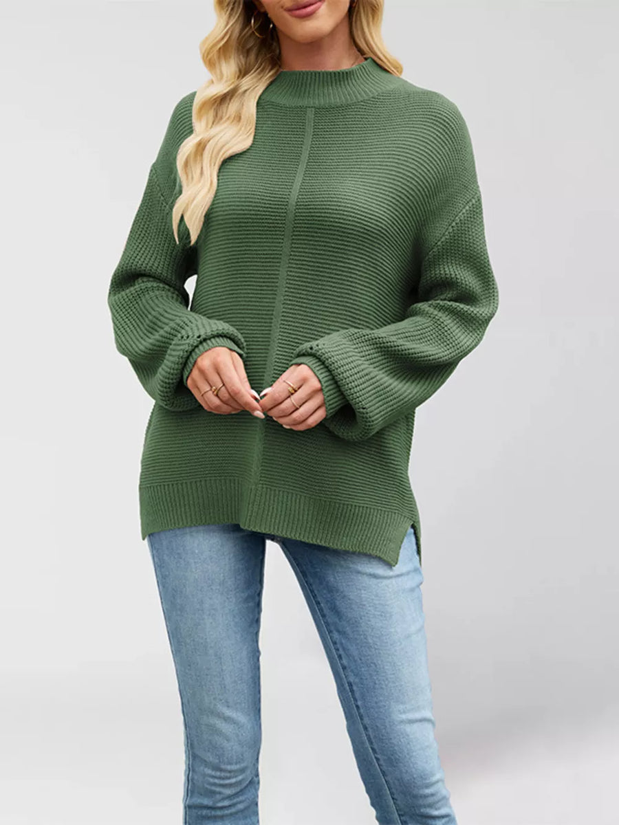 Brown mock neck sweater with hip-length and pullover