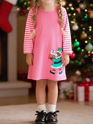 Pink cotton dress with elf horse graphic and striped sleeves