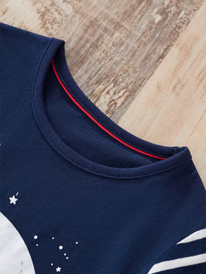 Dark navy 100% cotton long-sleeve tee with Santa sleigh graphic and red neck trim detail.