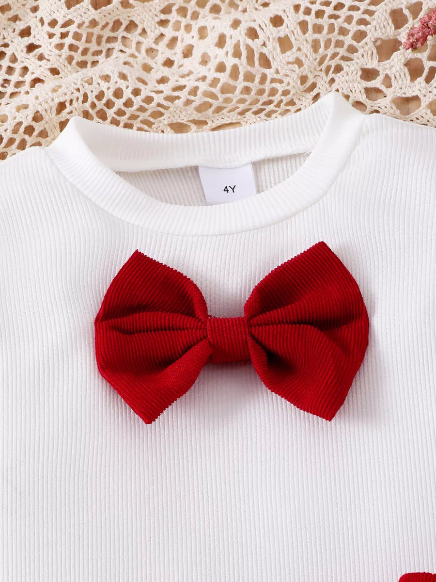 Children's Bow Long Sleeve Top And Skirt Set in White