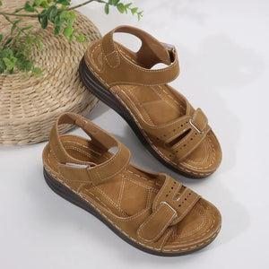 Beige perforated detail velcro wedge sandals with adjustable straps