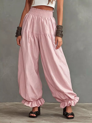 Dark Gray Full Size Smocked Ruffle Hem Wide Leg Pants