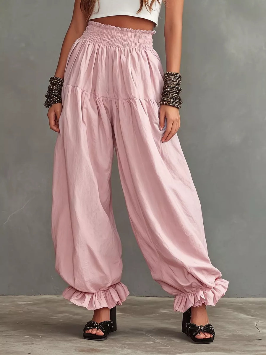 Dark Gray Full Size Smocked Ruffle Hem Wide Leg Pants