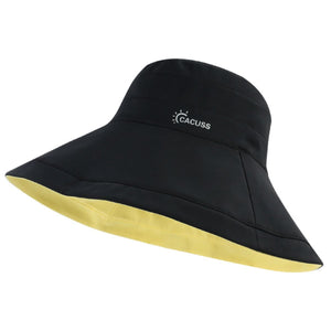 Black wide brim sun hat with yellow lining and UV protection logo